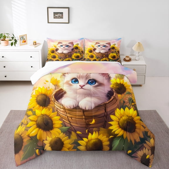 Castle Fairy Cartoon Cat 3 Pieces Queen Comforter Set for Kids Children Teens,Cartoon Flower Animal Ultra Soft Bedding Sets,Rustic Floral Sunflower Bedding Comforter Set Breathable