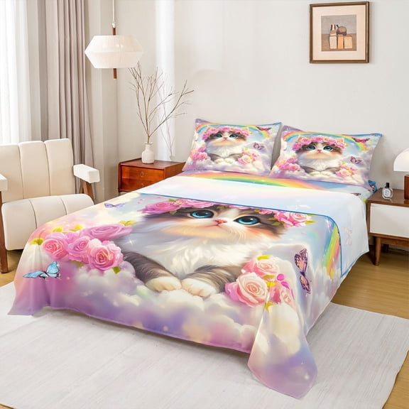 Castle Fairy Cartoon Cat Bed Sheets for Children,Rose Butterfly King Sheets