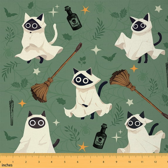 Castle Fairy Cartoon Cat Fabric by the Yard 3 Yards,Happy Halloween Sewing Fabric,Spooky Animal Fabric for Sewing,Lightweight Room Decor