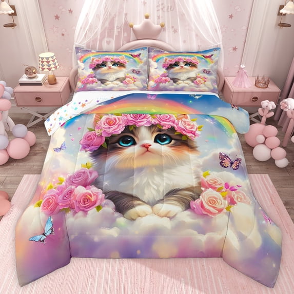 Castle Fairy Cartoon Cat Twin Comforter Sets for Children,Rose Butterfly Bedding Set