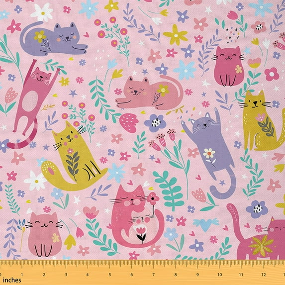 Castle Fairy Cartoon Cats Fabric by the Yard 1 Yard,Chic Flower Home Decor Fabric by the Yard,Floral Animal Room Decor Fabric by the Yard,Microfiber Children Bedroom Decor