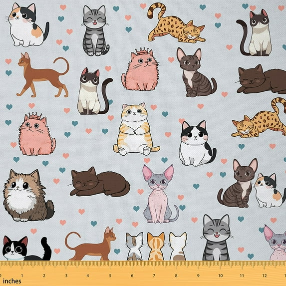 Castle Fairy Cartoon Cats Fabric by the Yard 2 Yard,Love Heart Print Sewing Fabric,Cute Animal Home Decor Fabric by the Yard,Microfiber Children Bedroom Decor
