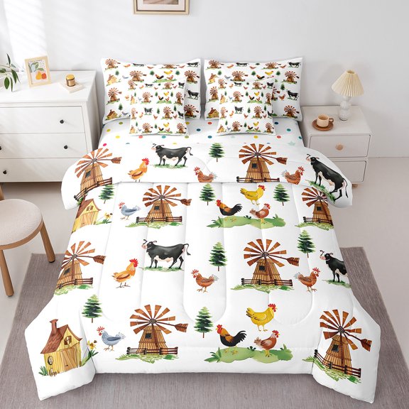 Castle Fairy Cartoon Chicken Cow Twin Bedding Sets,Cute Farmhouse Bedding Comforter Set
