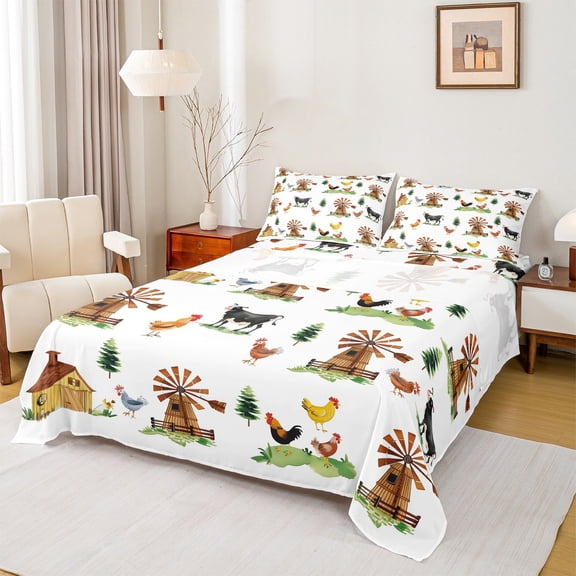 Castle Fairy Cartoon Chicken Cow Twin Sheet Sets,Farmhouse Animal Bedding