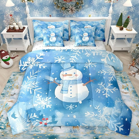 Castle Fairy Cartoon Christmas Snowman Twin Bedding Sets 7-Piece for Boys Girls,Happy New Year Snowflakes Bedding Comforter Set Microfiber,Abstract Gradient Blue Breathable Sheet Sets