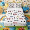 thumbnail image 1 of Castle Fairy Cartoon City Vehicle Print Zipper Twin Comforter Sets with Fitted Sheet and 2 Pillowcases,Bus Taxi Pattern Zipper Bedding Set,Red White,4-Piece,Reversible, 1 of 6