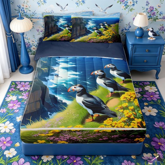 Castle Fairy Cartoon Cliff Puffin Landscape Zipper Twin Comforter Sets with Fitted Sheet and 2 Pillowcases,Wild Flower Ocean Coast Illustration Zipper Bedding Set,Blue Yellow,Reversible,4-Piece