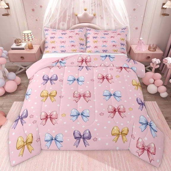 Castle Fairy Cartoon Colorful Bow Twin Comforter Sets,Kawaii Love Heart Print Bedding Set