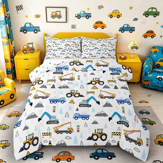 Castle Fairy Cartoon Construction Truck Full Size Comforter Sets 3 Pieces for Kids, Cute Mountain Traffic Light Bedding Sets for Bedroom, Blue Yellow
