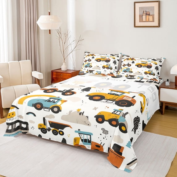 Castle Fairy Cartoon Construction Truck Full Size Sheets 4-Piece for Kids,Cute Tractor Excavator Bed Sheets for Bedroom,Yellow Blue