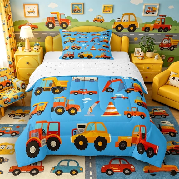 Castle Fairy Cartoon Construction Truck Twin Comforter Sets 3-Piece for Kids, Cute Excavator Vehicle Bedding Set for Bedroom, Bright Blue