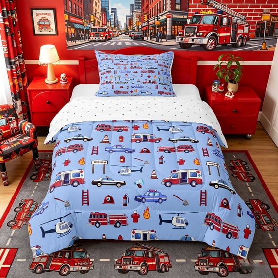 Castle Fairy Cartoon Construction Truck Twin Comforter Sets 3-Piece for Kids, Cute Mountain Traffic Light Bedding Set for Bedroom, Red Purple