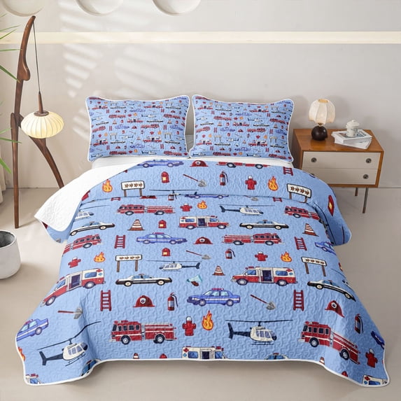 Castle Fairy Cartoon Construction Truck Twin Quilt Set,Cute Mountain Traffic Light Twin Coverlet Set for Bedroom,Red Purple