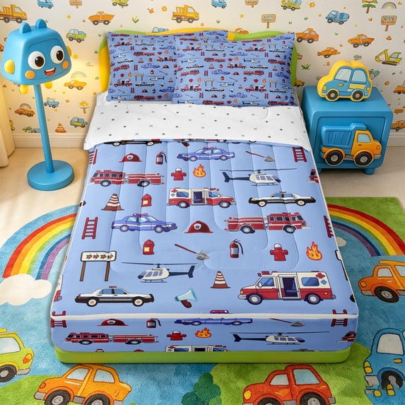 Castle Fairy Cartoon Construction Truck Zipper Full Size Comforter Sets with Fitted Sheet and 2 Pillowcases,Cute Mountain Traffic Light Zipper Bedding Set for Bedroom,Red Purple,4pcs,Reversible
