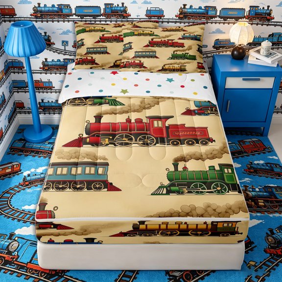 Castle Fairy Cartoon Construction Truck Zipper Twin Comforter Sets with Fitted Sheet and 2 Pillowcases,Cute Excavator Road Sign Zipper Bedding Set,Green Blue Red,4-Piece,Reversible