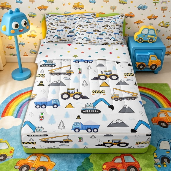 Castle Fairy Cartoon Construction Truck Zipper Twin Comforter Sets with Fitted Sheet and 2 Pillowcases,Cute Mountain Traffic Light Zipper Bedding Set for Bedroom,Blue Yellow,4-Piece,Reversible