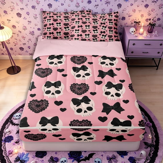 Castle Fairy Cartoon Coquette Skull Zipper Queen Comforter Set with Fitted Sheet and 2 Pillowcases,Bow Lace Heart Skeleton Cute Gothic Pattern Zipper Bedding Set,Pink Black,4 Pieces,Reversible