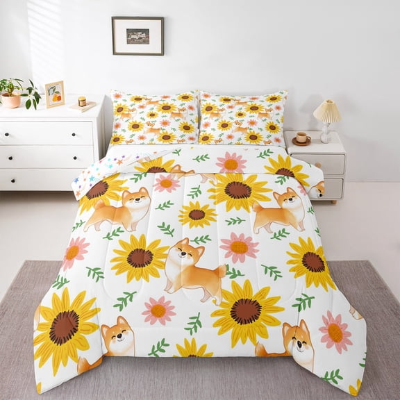 Castle Fairy Cartoon Corgi Dog Full Size Comforter Sets 3-Piece for Boys Girls,Chic Floral Sunflowers Bedding Comforter Set,Kawaii Flowers Animal Lightweight Bedding Sets,Breathable Home Decor