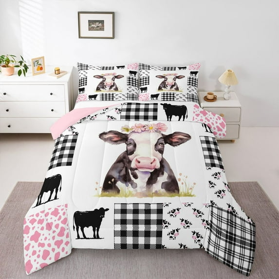 Castle Fairy Cartoon Cow Bedding Comforter Set 2pcs for Kids Children Teens,Geometric Plaid Grid Twin Comforter Sets Microfiber,Farmhouse Animal Breathable Bedding Set,Lightweight Room Decor