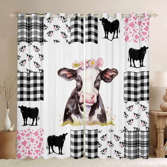 Castle Fairy Cartoon Cow Curtains Pack of 2 (42x84 Each) for Kids Children Teens,Geometric Plaid Grid Curtains Blackout,Farmhouse Animal Bedroom Curtains,Lightweight Room Decor