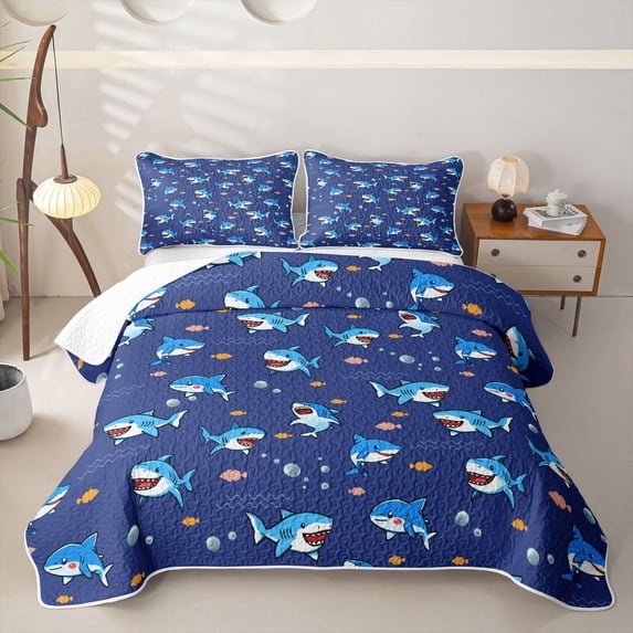 Castle Fairy Cartoon Cute Shark Bed Spread Queen,Small Fish Bubble Seamless Tile Queen Coverlet Set,Dark Sky