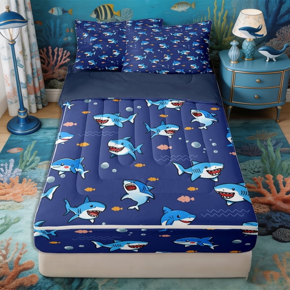 Castle Fairy Cartoon Cute Shark Zipper Twin Comforter Sets with Fitted Sheet and 2 Pillowcases,Small Fish Bubble Seamless Tile Zipper Bedding Set,Dark Sky,Navy Blue Reversible,4-Piece