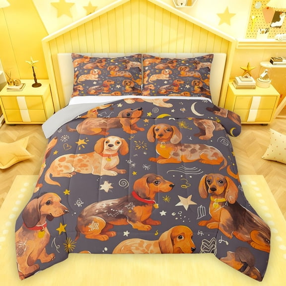 Castle Fairy Cartoon Dachshund Dogs Bedding Comforter Set 2pcs for Kids Children,Kawaii Animal Pets Twin Comforter Sets Microfiber,Stars Print Breathable Bedding Set,Microfiber Bedroom Decor