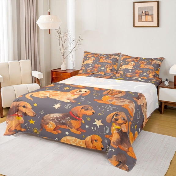 Castle Fairy Cartoon Dachshund Dogs Twin Sheet Sets 3pcs for Kids Children,Kawaii Animal Pets Twin Fitted Sheet Microfiber,Stars Print Breathable Flat Sheet,Microfiber Bedroom Decor