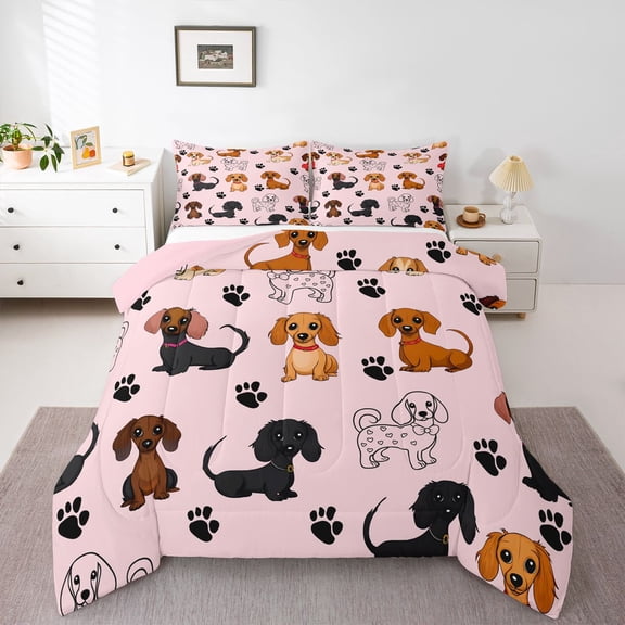 Castle Fairy Cartoon Dachshund Twin Comforter Sets for Preppy Kids,Kawaii Dog Bedding Set