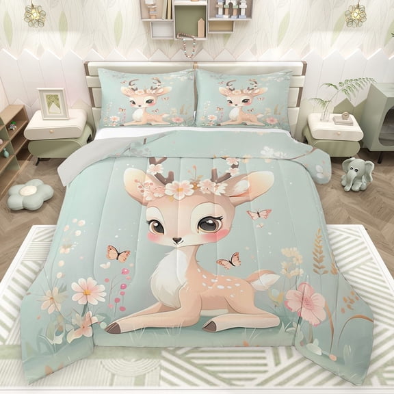 Castle Fairy Cartoon Deer Full Size Comforter Sets 3-Piece for Preppy Child,Kawaii Jungle Animal Bedding Comforter Set,Floral Flowers Butterflies Lightweight Bedding Sets,Microfiber Bedroom Decor