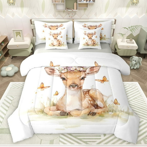 Castle Fairy Cartoon Deer Twin Bedding Sets 7-Piece for Preppy Child,Kawaii Jungle Animal Bedding Comforter Set Microfiber,Floral Flowers Butterflies Breathable Sheet Sets,Microfiber Bedroom Decor