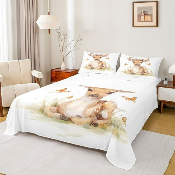 Castle Fairy Cartoon Deer Twin Sheet Sets 3pcs for Preppy Child,Kawaii Jungle Animal Twin Fitted Sheet Microfiber,Floral Flowers Butterflies Breathable Flat Sheet,Microfiber Bedroom Decor