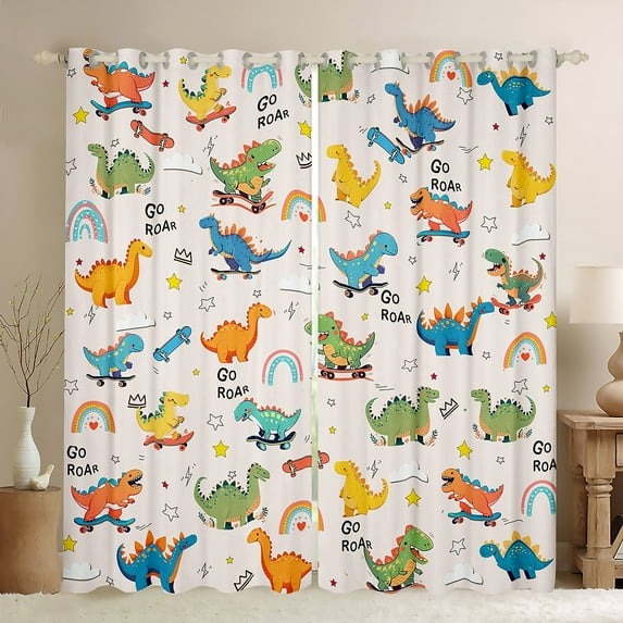Castle Fairy Cartoon Dino Black Out Curtains for Child Preppy,Rainbow Dinosaur Curtains Pack Of 2 (42X63 Each),Kawaii Animal Bedroom Curtains,Luxury Bedroom Decor
