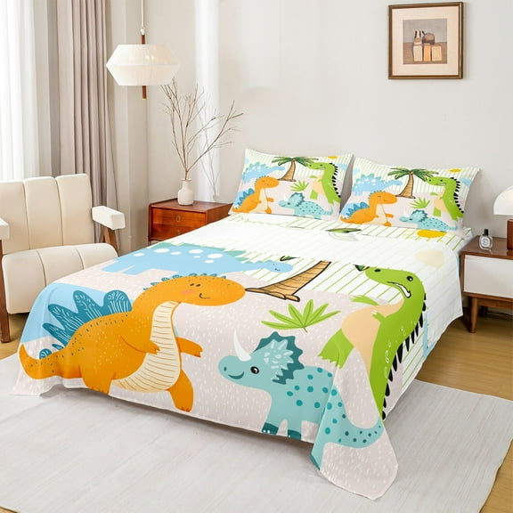 Castle Fairy Cartoon Dino Dinosaur 3Pcs Twin Sheet Sets for Child Preppy,Jungle Animal Twin Fitted Sheet,Geometric Stripes Breathable Flat Sheet,Breathable Home Decor