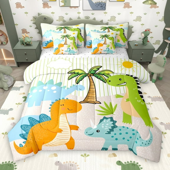 Castle Fairy Cartoon Dino Dinosaur 7 Pieces Bedding Comforter Set for Child Preppy,Jungle Animal Full Bedding Set Lightweight,Geometric Stripes Fitted Sheet Flat Sheet,Breathable Home Decor