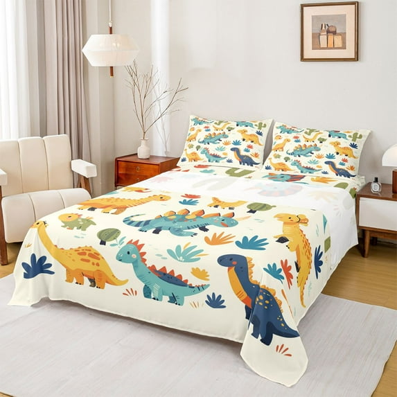 Castle Fairy Cartoon Dino Twin Sheet Sets 3pcs for Preppy Child,Cute Jungle Wildlife Twin Fitted Sheet Microfiber,Kawaii Jungle Animal Dinosaurs Breathable Flat Sheet,Microfiber Bedroom Decor