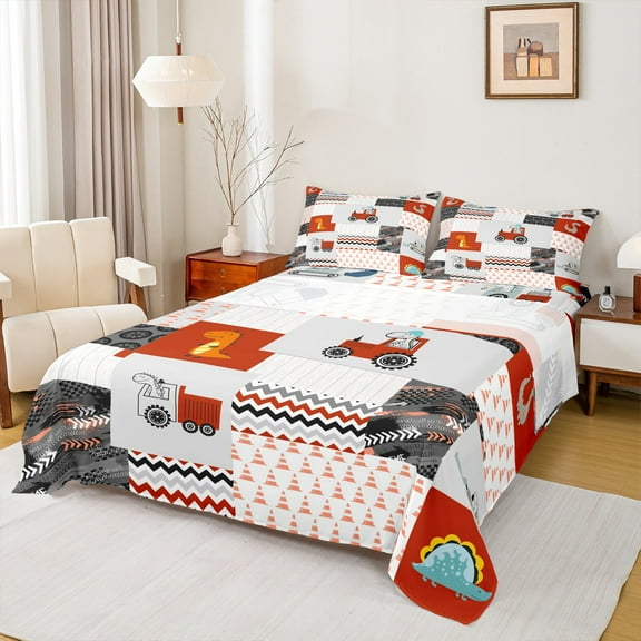 Castle Fairy Cartoon Dinosaur 4pcs Bed Sheets for Teens,Geometric Stripes King Sheets,Kawaii Truck Super Cozy Sheet Set,Ultra Soft Home Decor