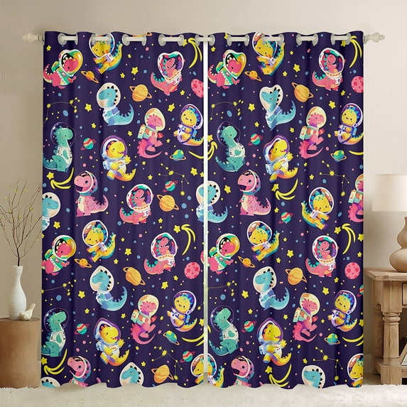 Castle Fairy Cartoon Dinosaur Astronaut Black Out Curtains for Kids Children,Starry Sky Planet Curtains Pack of 2 (42x63 Each),Kawaii Animal Dino Bedroom Curtains,Lightweight Room Decor