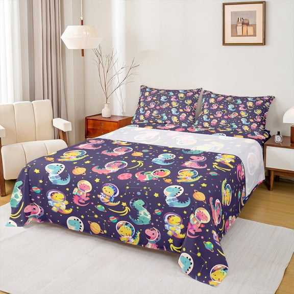 Castle Fairy Cartoon Dinosaur Astronaut Twin Sheet Sets 3pcs for Kids Children,Starry Sky Planet Twin Fitted Sheet Microfiber,Kawaii Animal Dino Breathable Flat Sheet,Lightweight Room Decor