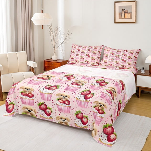 Castle Fairy 4-Piece King Sheet Set with Dog Strawberry Design