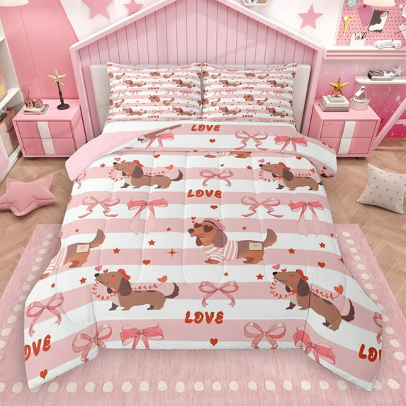 Castle Fairy Cartoon Dog Dachshund 2Pcs Bedding Comforter Set for Kids Children Preppy,Kawaii Ribbon Bow Twin Comforter Sets,Geometric Stripes Breathable Bedding Set,Lightweight Room Decor