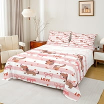 Castle Fairy Cartoon Dog Dachshund 3Pcs Twin Sheet Sets for Kids Children Preppy,Kawaii Ribbon Bow Twin Fitted Sheet,Geometric Stripes Breathable Flat Sheet,Lightweight Room Decor