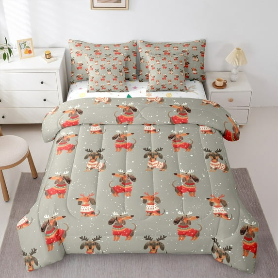 Castle Fairy Cartoon Dog Dachshund Girl Boy 7Pcs Bedding Comforter Set,Happy New Year Queen Bedding Sets Super Cozy,Merry Christmas Xmas Queen Sheet Sets,Breathable Home Decor