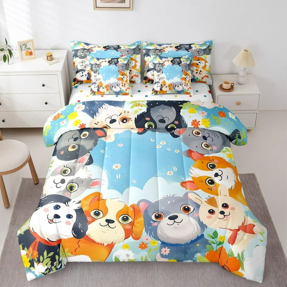 Castle Fairy Cartoon Dogs 7-Piece Twin Bedding Sets,Kawaii Flower Bedding Comforter Set,Blue Sky Breathable Sheet Sets,Lightweight Animal Room Decor,Reversible