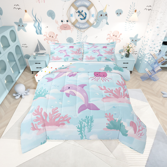 Castle Fairy Cartoon Dolphin 3-Piece Full Size Comforter Sets,Kawaii Animal Bedding Comforter Set,Ocean Theme Lightweight Bedding Sets,Super Cozy Marine Room Decor,Reversible