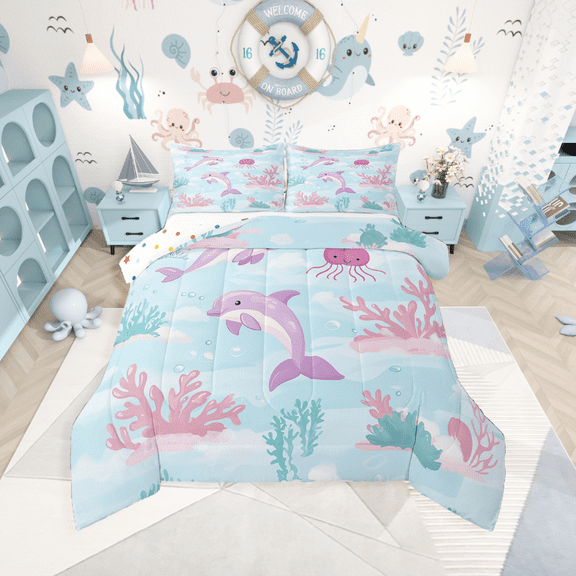 Castle Fairy Cartoon Dolphin 3 Pieces Queen Comforter Set,Kawaii Animal Ultra Soft Bedding Sets,Ocean Theme Bedding Comforter Set,Super Cozy Marine Room Decor,Reversible