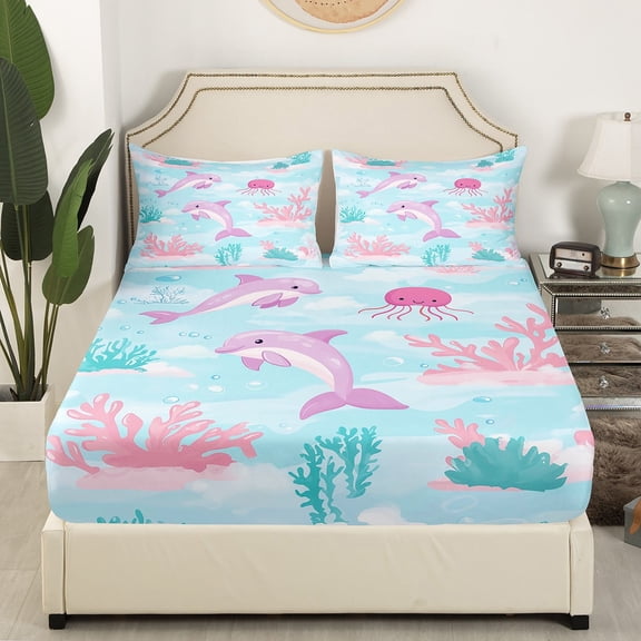 Castle Fairy Cartoon Dolphin 4-Piece Full Size Sheets,Kawaii Animal Bed Sheets,Ocean Theme Lightweight Sheet Sets,Super Cozy Marine Room Decor