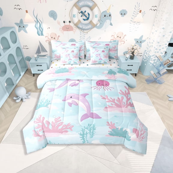 Castle Fairy Cartoon Dolphin 7-Piece Twin Bedding Sets,Kawaii Animal Bedding Comforter Set,Ocean Theme Breathable Sheet Sets,Super Cozy Marine Room Decor,Reversible