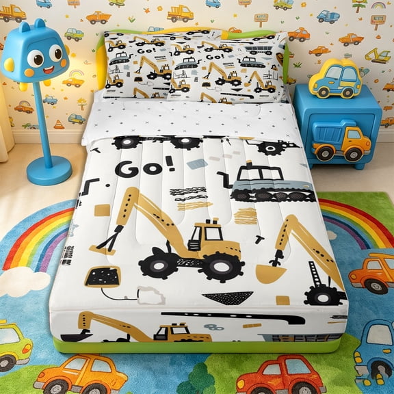 Castle Fairy Cartoon Doodle Excavator Truck Zipper Twin Comforter Sets with Fitted Sheet and 2 Pillowcases for Boys,Construction Vehicle Zipper Bedding Set,Yellow Gray,4-Piece,Reversible
