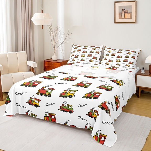 Castle Fairy Cartoon Doodle Train Full Size Sheets 4-Piece for Kids, Whimsical Engine Print Bed Sheets for Bedroom, Red Green Yellow White